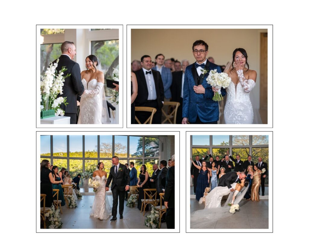 Sharlene and Chip exchanging vows, walking down the aisle together, sharing a joyful dip kiss, and celebrating with their wedding party during their ceremony at The Preserve at Canyon Lake