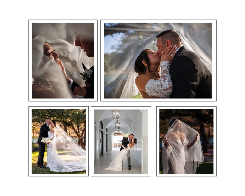 Sharlene and Chip sharing intimate wedding portraits under her veil, embracing and kissing during sunset and colonnade portraits at The Preserve at Canyon Lake