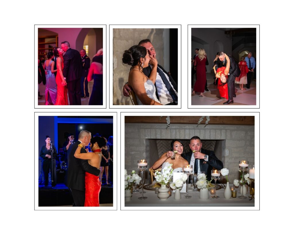 Sharlene and Chip laughing, dancing, flipping into a dip, slow dancing to live music, and sharing drinks together during their wedding reception at The Preserve at Canyon Lake